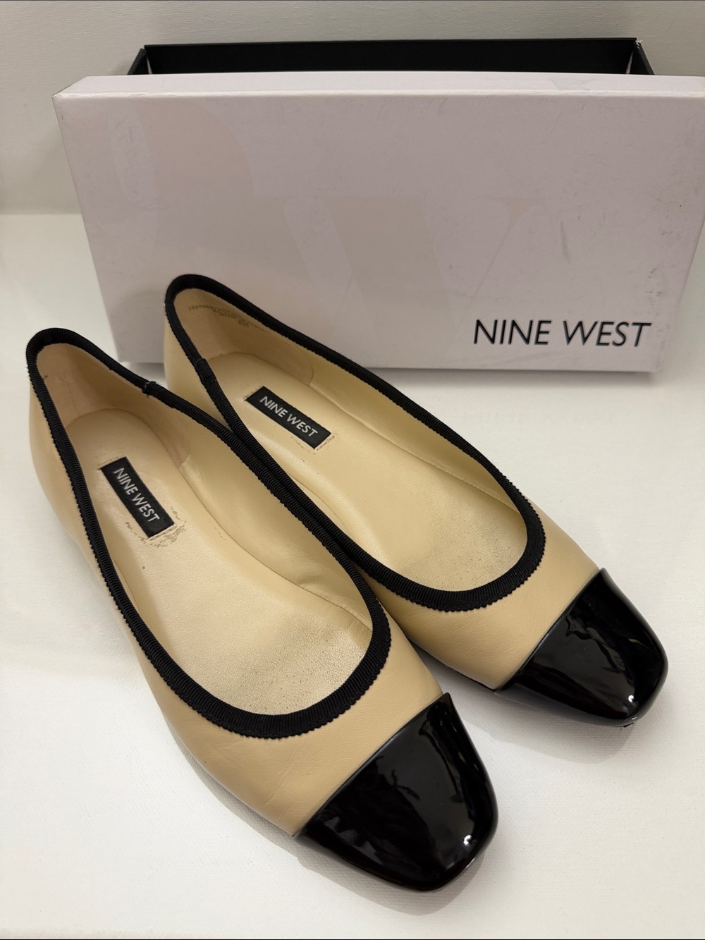 Nine West Beige and Black Cap-Toe Ballet Flats